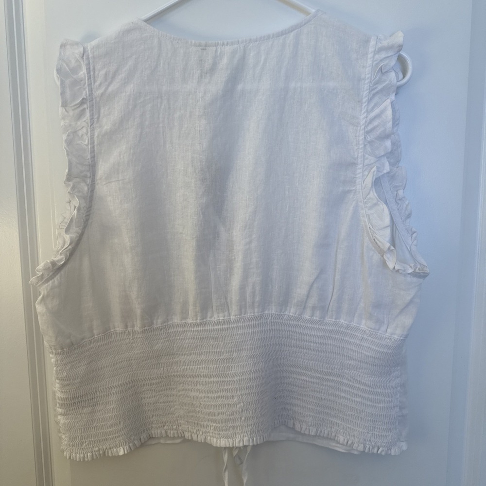 NWT joie 100 % Linen Size Xl Sleeveless Tie Up White Top With Ruffle Arm Rushing - Picture 7 of 12